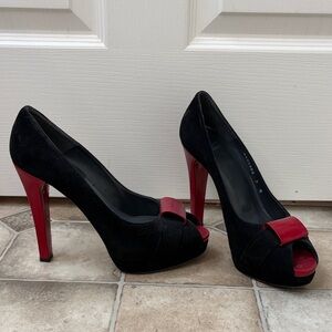 Stuart Weitzman Black and Red Peep-Toe Heels